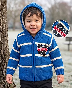 Babyhug Knit Full Sleeves Striped Hooded Sweater with Patch Deatailing - Royal Blue