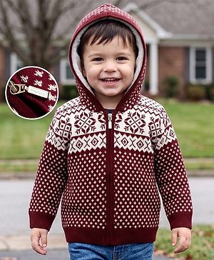 Babyhug Knit Full Sleeves Hooded Front Open Sweater with Floral Design - Dark Red
