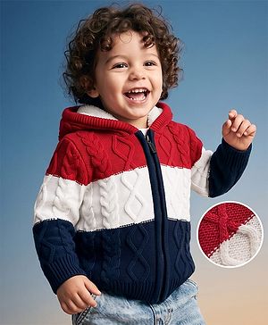 Babyhug Unisex Knit Full Sleeves Hooded Sweater with Cable Knit Design - Red