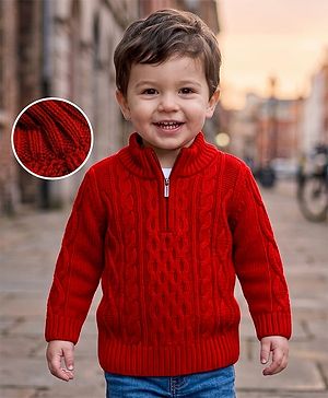Babyhug Knit Full Sleeves Cable Knitted Pullover - Red