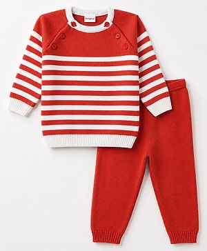 Babyhug Knit Full Raglan Sleeves  Sweater Set with Stripes - Red