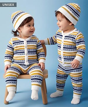 Babyhug Knit Full Sleeves Striped Sweater Set with Cap - White & Navy