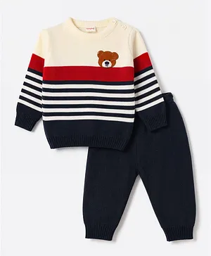 Babyhug Knit Full Sleeves Striped & Bear Embroidered Sweater Set - White