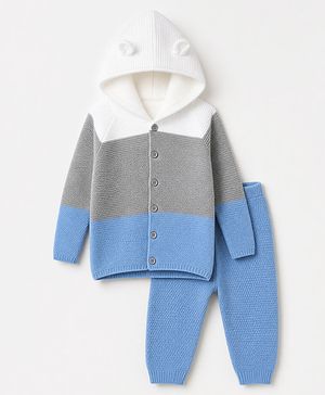 Babyhug Knit Raglan Full Sleeves Striped Hooded Sweater Set With Ear Applique - Grey
