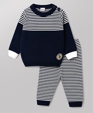 Babyhug Knit Full Sleeves Sweater Set with Stripes - Navy