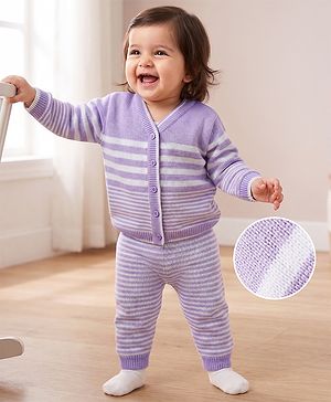 Babyhug Knit Full Sleeves Front Open Sweater Set with Stripes - Lavender