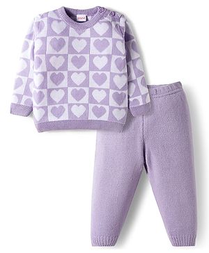 Babyhug Knit Full Sleeves Sweater Set with Heart Design -Lavender