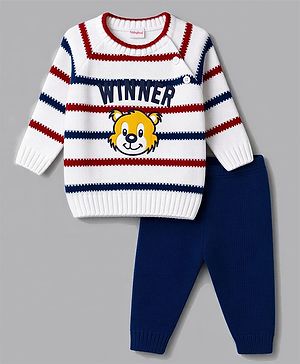 Babyhug Full Raglan Sleeves Striped & Tiger Embroidered Sweater Set - White & Navy Blue