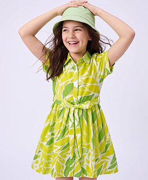 Pine Kids Cotton Knit Frock with Half Sleeves and Leaves Print - Yellow