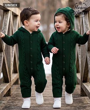Babyhug Knit Full Sleeves Hooded Winter Wear Romper With Cable Knit Design & Bear Ear Applique - Dark Green
