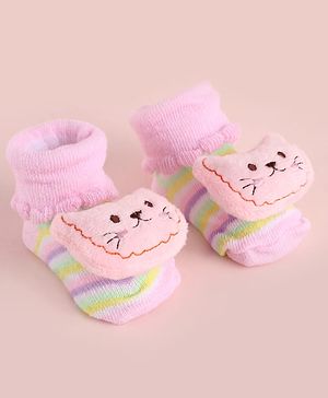 Cute Walk by Babyhug Fabric Striped Socks Shoes With Large  Teddy Bear Applique - Pink