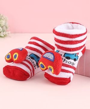 Cute Walk by Babyhug Fabric Striped Socks Shoes With Large Vehicle Applique - Red