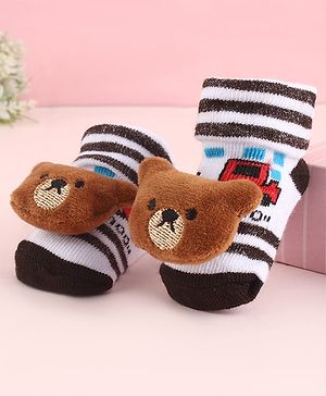 Cute Walk by Babyhug Fabric Socks Shoes With Strips & Large Bear Applique - Brown