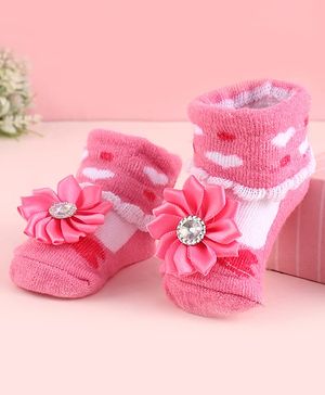 Cute Walk by Babyhug  Fabric Socks Shoes With Hearts & Floral Large Applique - Pink