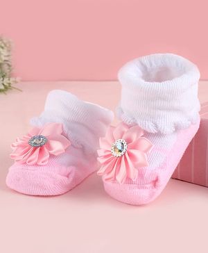 Cute Walk by Babyhug Fabric Socks Shoes With Large Floral  Applique - Pink