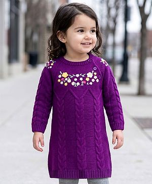 Babyhug Woollen Knit Full Raglan Sleeves Floral Embroidered & Cable Knit Dress - Purple