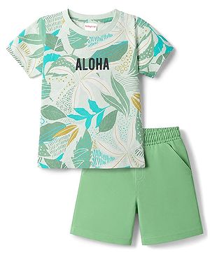 Babyhug Cotton Single Jersey Knit Half Sleeves T-Shirt & Shorts Set Leaf Print - Olive Green