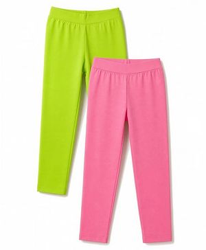 Pine Kids Cotton Lycra Knit Full Length Solid Colour Leggings Pack of 2 - Limegreen & Pink