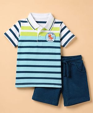 Babyhug 100% Cotton Knit Half Sleeves Striped T-Shirt and Shorts Set With Dinosaur Patch - Blue