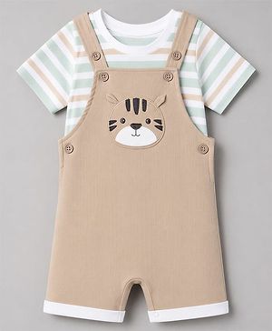 Babyhug 100% Cotton Knit Half Sleeves Striped & Tiger Embroidered Dungaree With Inner Tee - Beige