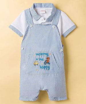 Babyhug Chambray 100% Cotton Woven Half Sleeves Dungarees Sets With Stripes & Bear Embroidery - White & Light Blue