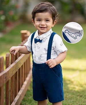 Babyhug 100% Cotton Single Jersey Knit Half Sleeves Giraffe Print Shirt & Shorts Set With Suspender & Bow - White & Navy Blue