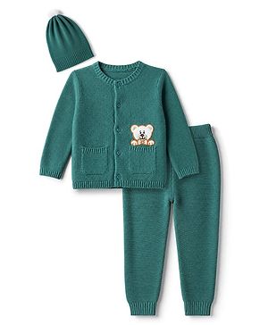 Babyhug 100 % Cotton Knit Front Open Sweater Set With Cap & Bear Applique - Teal Blue