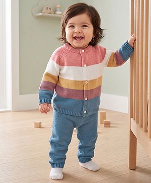 Babyhug 100% Cotton Knit Full Sleeves Sweater Set with Color Block Design - Pink