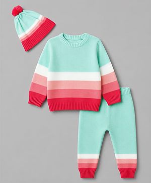 Babyhug Natural 100% Cotton Knit Full Sleeves Colour Block Sweater Set with Cap -Sea Green