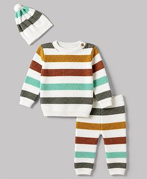 Babyhug 100% Cotton Knit Full Sleeves Striped Sweater Set with Cap - White