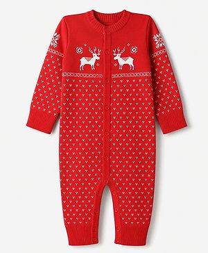 Babyhug Natural 100% Cotton Knit Full Sleeves Winter Wear Romper With Reindeer Design - Red