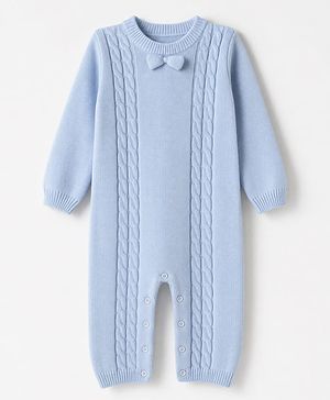 Babyhug Natural 100% Cotton Knit Full Sleeves Winter Wear Romper With Cable Knit Design - Blue