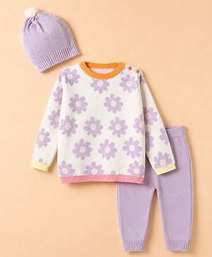 Babyhug 100% Cotton Knit Full Sweater sets with Cap & Floral Design - Lavender