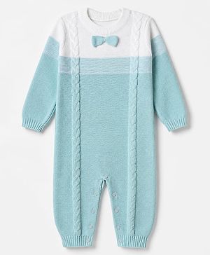 Babyhug Natural 100% Cotton Knit Full Sleeves Winter Wear Romper With Bow Applique - Light Blue