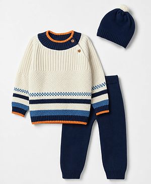 Babyhug Natural 100% Cotton Knit Full Sleeves Striped Sweater set with Cap - Navy Blue
