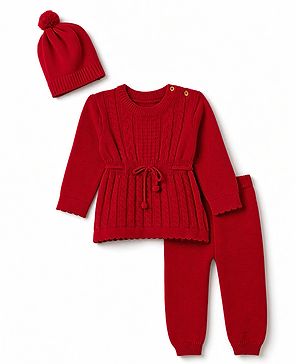 Babyhug Female 100% Cotton Knit Full Sleeves Sweater set with Cap - Red