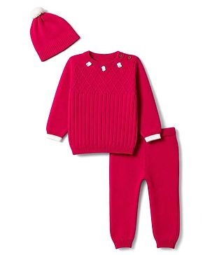 Babyhug Female 100% Cotton Knit Full Sleeves Bow Applique Sweater set with Cap - Dark pink