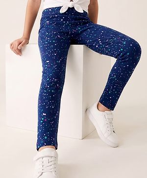 Pine Kids Cotton Lycra Knit Full Length Leggings with Colour Splash Print - Navy Blue