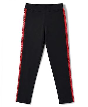 Pine Kids Cotton Lycra Knit Full Length Solid Colour Leggings with Side Sequinned Design- Black