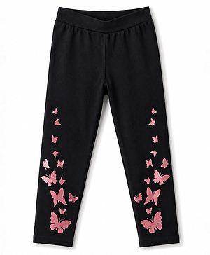Pine Kids Cotton Lycra Knit Full Length Butterfly Glitter Printed Leggings - Black