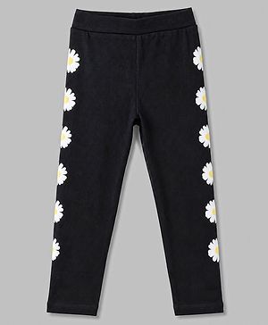 Pine Kids Cotton Lycra Knit Full Length Floral Printed Leggings - Black