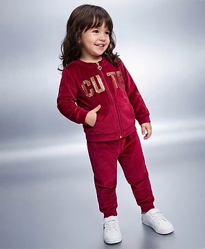 Babyhug Velour Full Sleeves Winter Wear Set With Text Foil Print - Wine