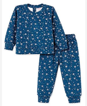 Babyhug Velour Full Sleeves Sweatshirt & Pant Co-Ord Winter Wear Suit With Snowflake Print - Navy Blue