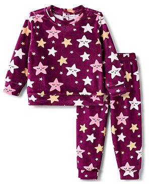 Babyhug Velour Full Sleeves Sweatshirt & Pant Co-Ord Winter Wear Suit With Star Print - Maroon