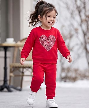 Babyhug Velour Full Sleeves Winter Wear Set With Heart Foil Print - Fuchsia