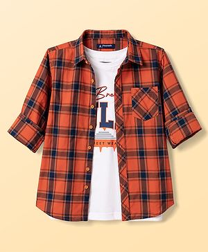 Pine Kids 100% Cotton Woven Full Sleeves Checked Shirt With Text Printed Tank T-Shirt - Orange
