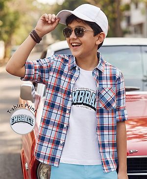 Pine Kids Cotton Woven Full Sleeves Checks Shirts and T-Shirt- Navy