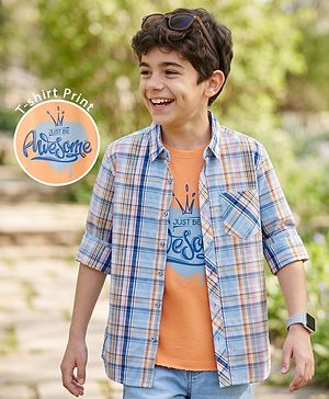 Pine Kids Cotton Woven Half Sleeves Checks Shirt With Printed T-Shirt - Multicolor