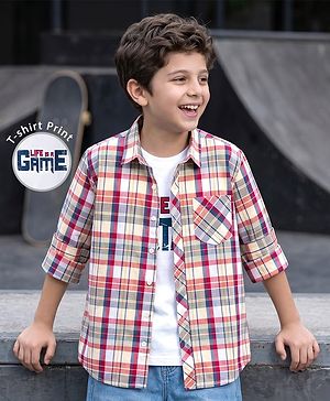 Pine Kids Cotton Woven Half Sleeves Checks Shirt With Printed T-Shirt - Multicolor