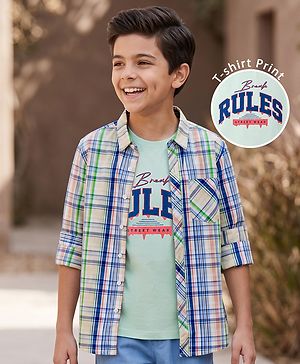 Pine Kids Cotton Woven Half Sleeves Checks Shirt With Printed T-Shirt - Multicolor